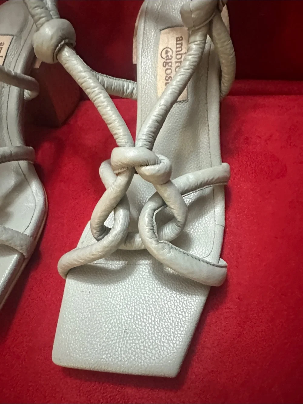 Knotted Strappy Heeled Sandals in Light Silver genuine Leather